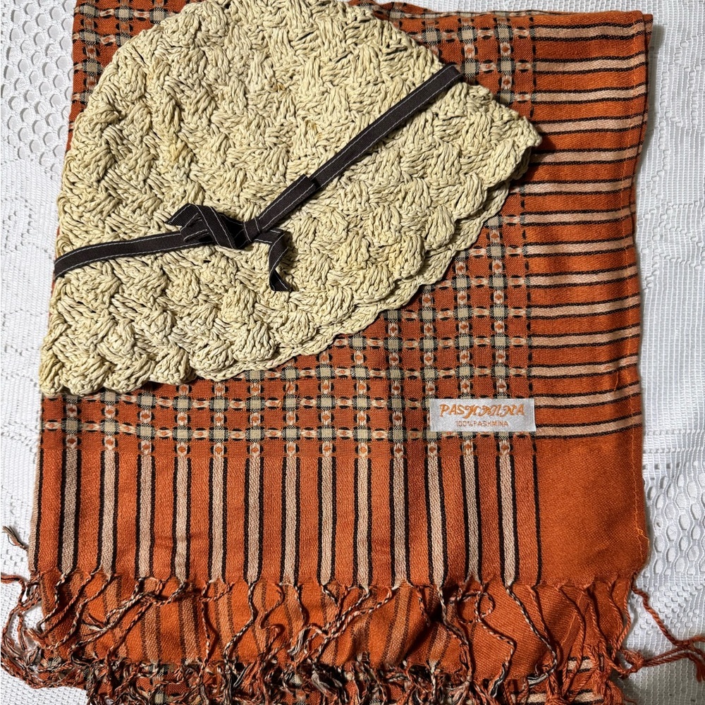 Vintage Falls Creek Hat and Pashmina Orange Striped Large Scarf